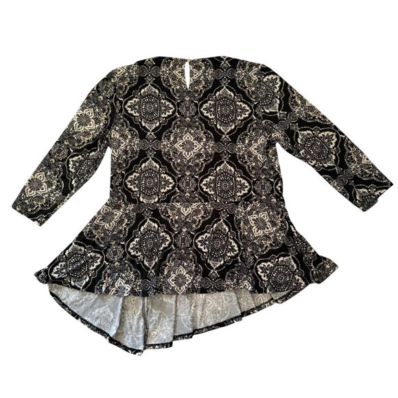 Roz and Ali Black Gold White High Low Peplum Blouse Size XL Floral Geometric - Picture 2 of 8